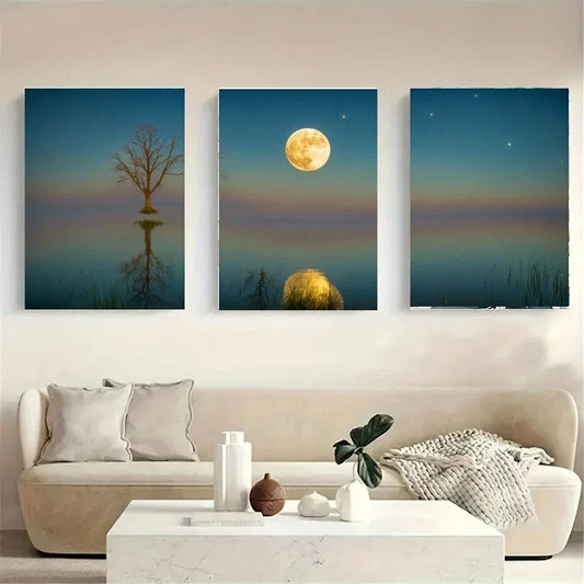 3pcs Full Moon Shines Brightly Over A-Majestic Metal Print Ready to Hang Art