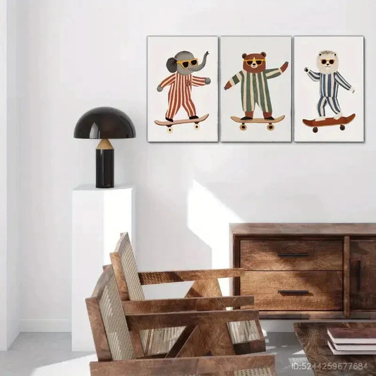 3pcs Elephant Lion And Bear Riding Skateboards Metal Print Ready to Hang Art