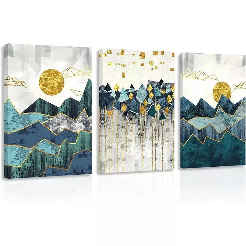 3pcs Abstract Painting Golden Sun Geometric Mountain Canvas Framed 40x60cm - High Quality Print 100% Australian Made Wall Canvas Ready to Hang