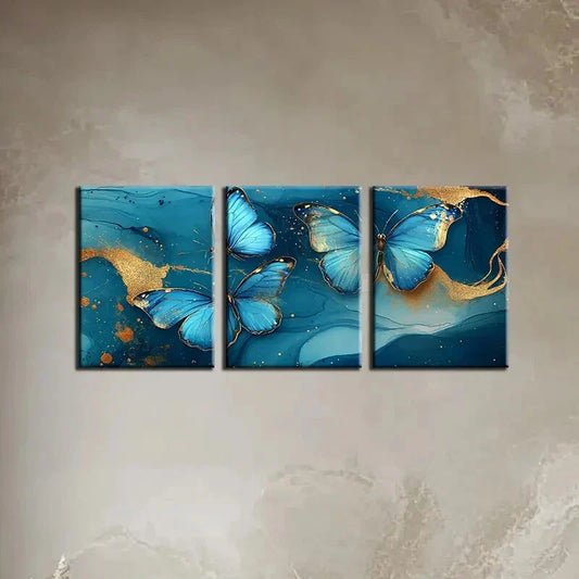 3pcs Abstract Blue & Golden Butterfly Metal Print Ready to Hang Art