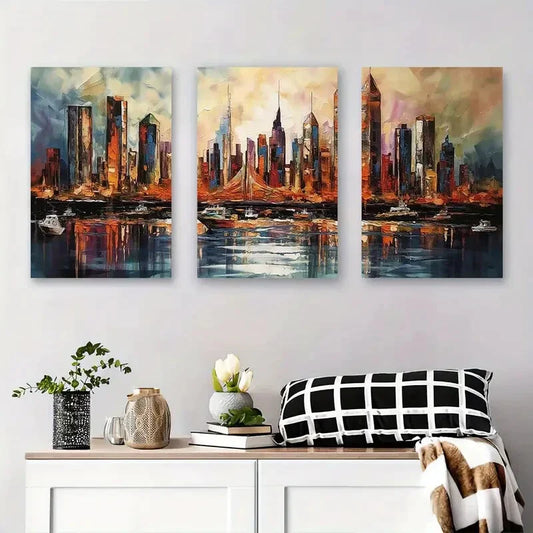 3pcs Vibrant New York Skyline with Bridge Metal Print Ready to Hang Art