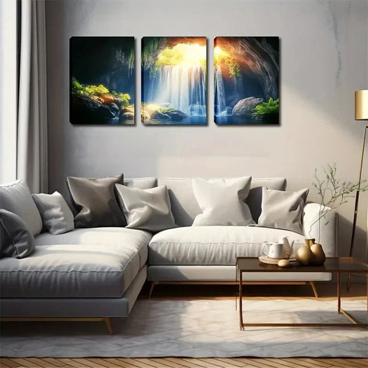 3pcs Waterfall & Cave Landscape Wall Art Set Canvas Framed 40x60cm - High Quality Print 100% Australian Made Wall Canvas Ready to Hang