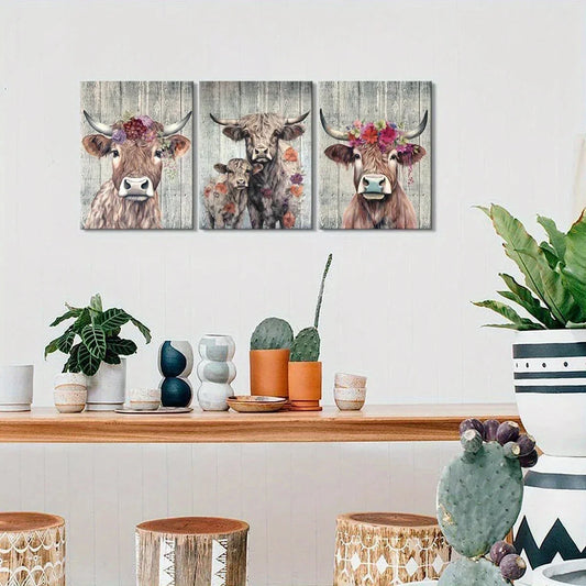 3pcs Highland Cow Animal Farmhouse Metal Print Ready to Hang Art