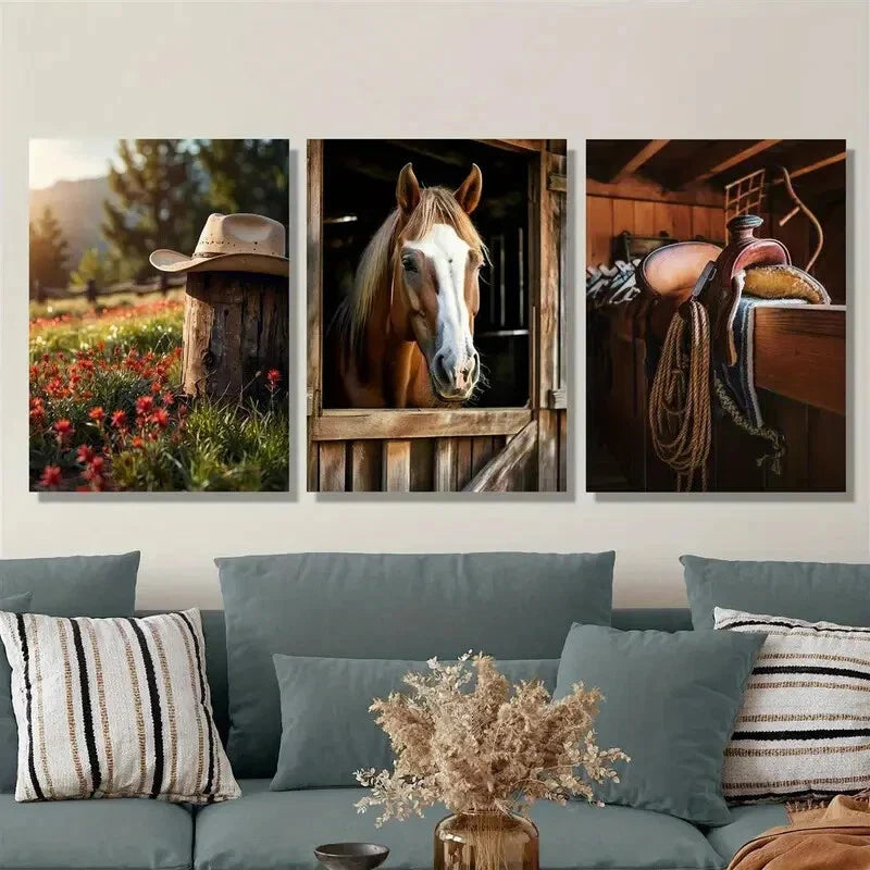 3pcs Western legend cowboy hat, saddle horse Metal Print Ready to Hang Art