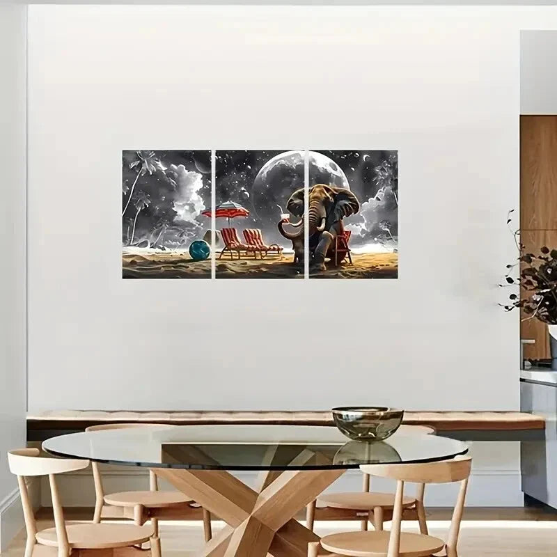 3pcs Fantasy Beach Elephant Pictures Metal Print Ready to Hang Art