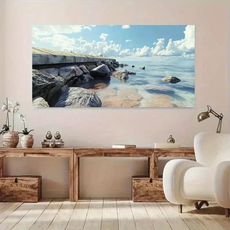 Coastal Wharf Serene Sea wall canvas office home room framed 120x60cm