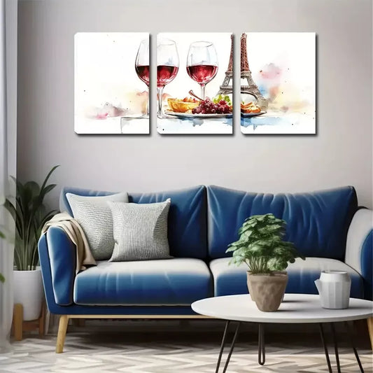 3pcs Two Glasses Of Wine And Food Wall Art Set Canvas Framed 40x60cm - High Quality Print 100% Australian Made Wall Canvas Ready to Hang