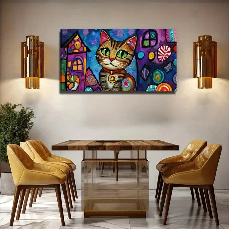 Cartoon Cat Aesthetic Wall Art Canvas Office Home Room Framed 80x45cm