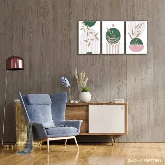 3pcs Green Beige Blush Pink Abstract Boho Style Metal Print Ready to Hang Art