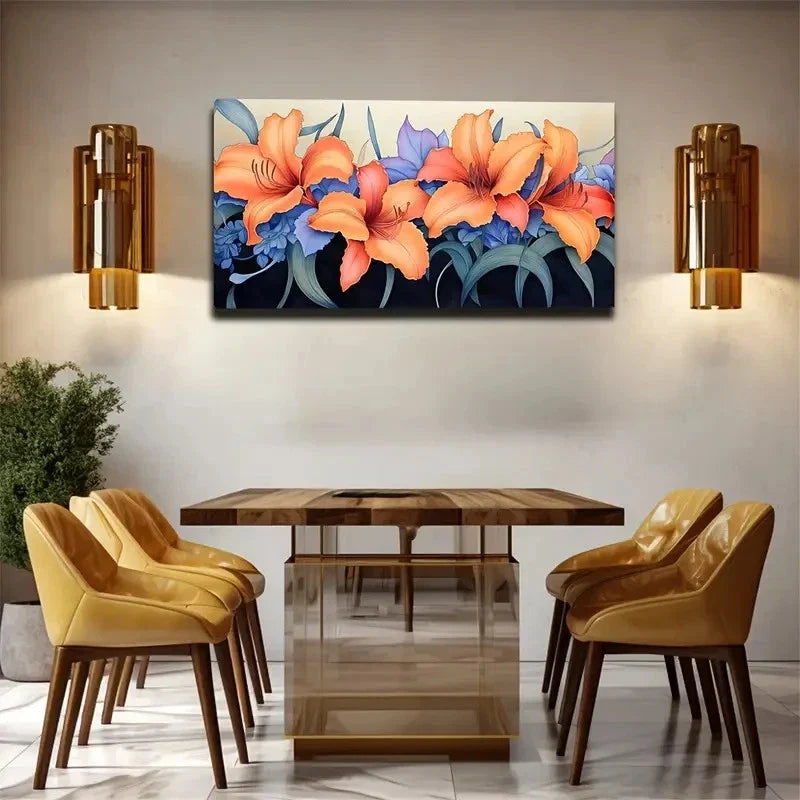 Vibrant Orange & Blue Botanical Wall Art Canvas Office Home Room Framed 120x60cm