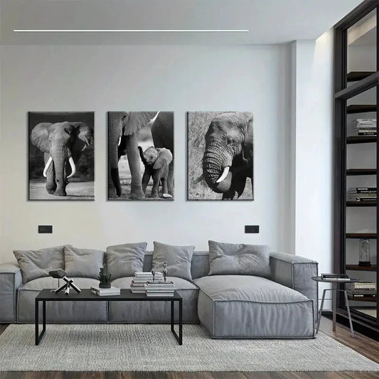 3pcs Young Elephant Family, African Animal Metal Print Ready to Hang Art