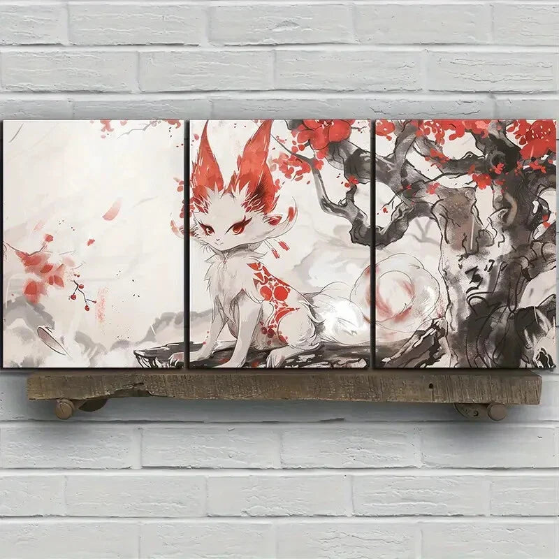 3pcs Fox Traditional Japanese Style Metal Print Ready to Hang Art