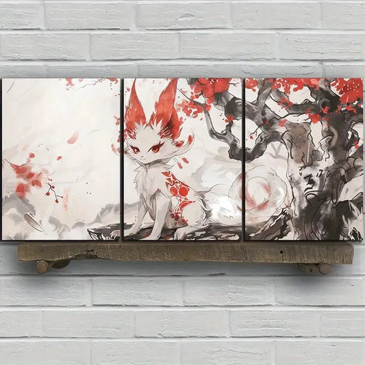 3pcs Fox Traditional Japanese Style Metal Print Ready to Hang Art