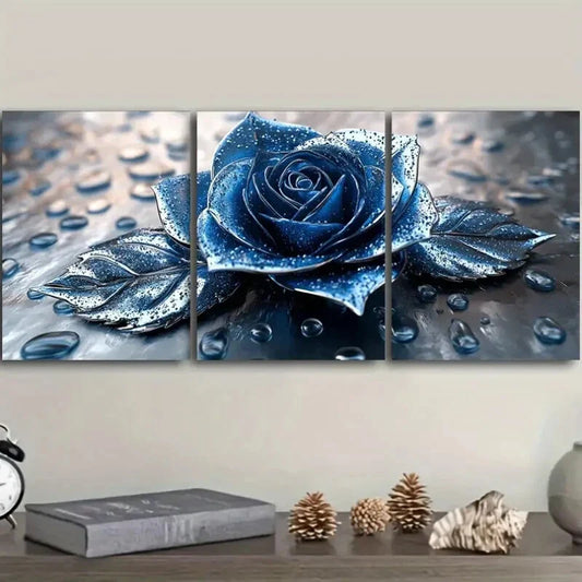 3pcs Blue roses with silver raindrops Metal Print Ready to Hang Art