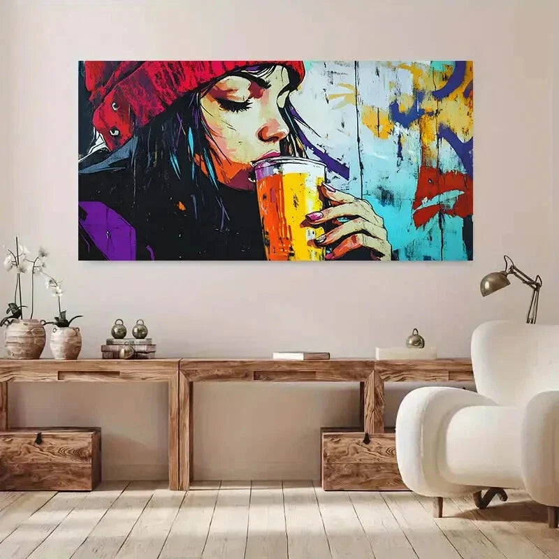Abstract Lady with a Drink wall canvas office home room framed 120x60cm