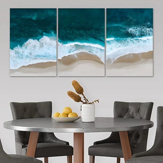 3pcs Ocean Waves Beach Blue & White Metal Print Ready to Hang Art