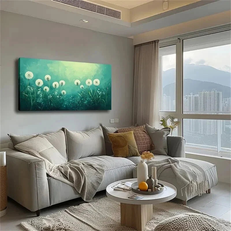 The White Dandelion Green Wall Art Canvas Office Home Room Framed 120x60cm