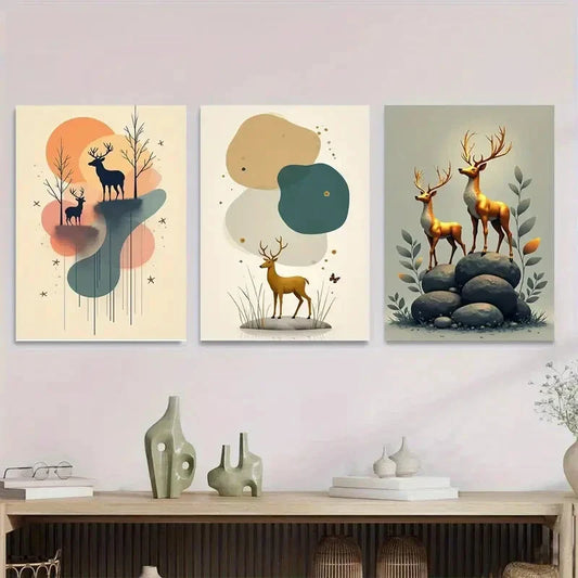 3pcs Golden and Black Deer, Pine Trees Metal Print Ready to Hang Art