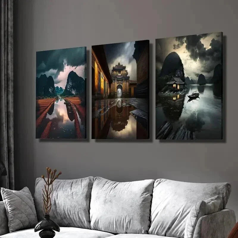 3pcs Vietnam Rainy Season Landscape Wall Art Set Canvas Framed 40x60cm - High Quality Print 100% Australian Made Wall Canvas Ready to Hang