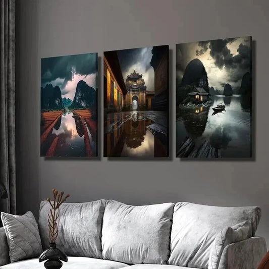 3pcs Vietnam Rainy Season Landscape Wall Art Set Canvas Framed 40x60cm - High Quality Print 100% Australian Made Wall Canvas Ready to Hang