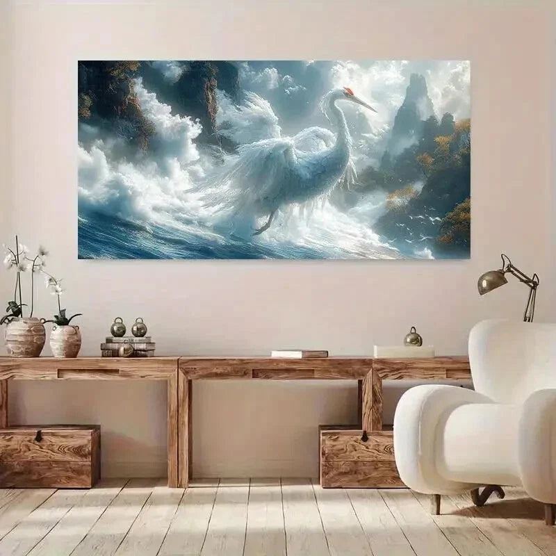 Majestic White Crane Sky wall canvas office home room framed 120x60cm