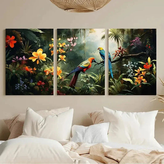 3pcs Vibrant Flowers & Parrot Tropical Jungle Metal Print Ready to Hang Art