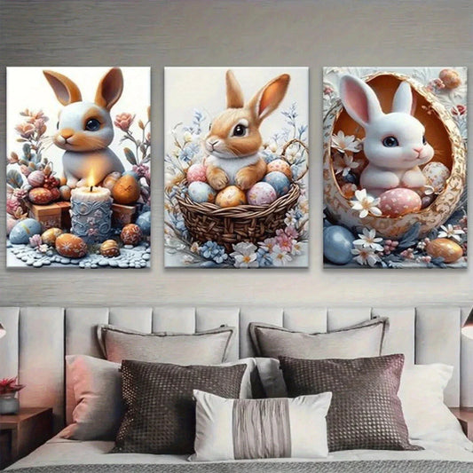 3pcs Colourful Cutest Bunnies Eggs Flowers Metal Print Ready to Hang Art