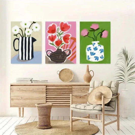 3pcs White, Red & Blue Flower Paintings,  Metal Print Ready to Hang Art
