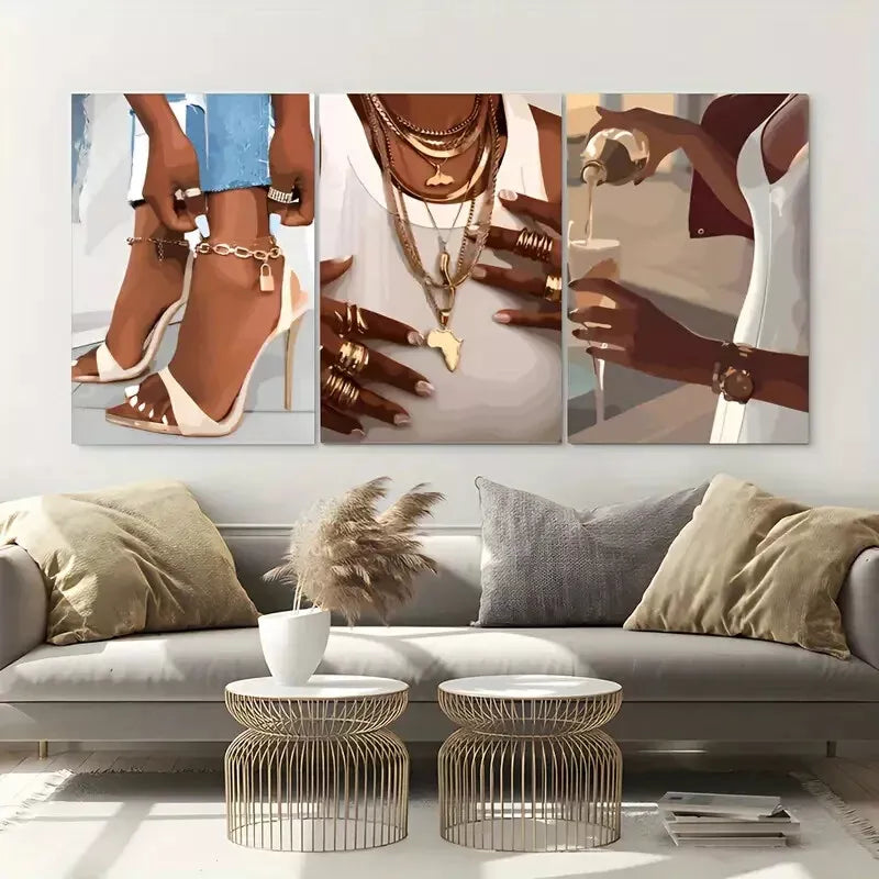 3pcs Fashionable Black Women With Heel Rings & Wine Glass Canvas Framed 40x60cm - High Quality Print 100% Australian Made Wall Canvas Ready to Hang