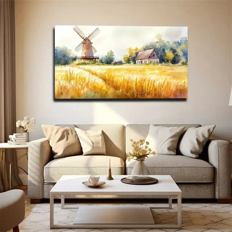 Serene Windmill And Wheat Field Wall Art Canvas Office Home Room Framed 120x60cm