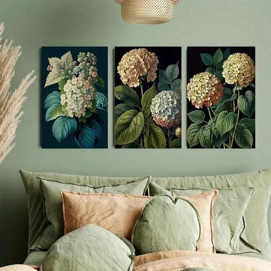 3pcs Hydrangea Plants with Leaves Metal Print Ready to Hang Art