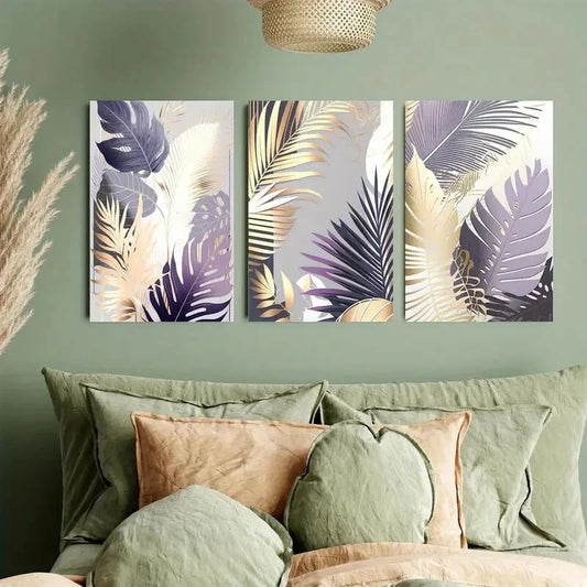 3pcs Tropical Foliage in Shades of Purple And Gold Metal Print Ready to Hang Art
