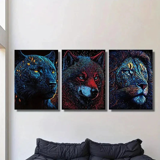 3pcs Black Panther, Wolf &amp; Lion, Neon Metal Print Ready to Hang Art