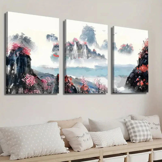 3pcs Japanese Mountains Landscape Wall Art Set Canvas Framed 40x60cm - High Quality Print 100% Australian Made Wall Canvas Ready to Hang