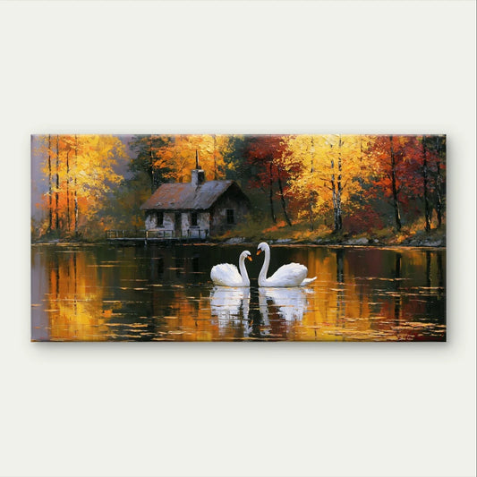 Lake Landscape with Swans Cozy Wall Art Canvas Office Home Framed 80x45cm