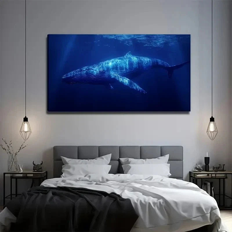 Blue Whale Decoration Wall Art Canvas Office Home Room Framed 80x45cm