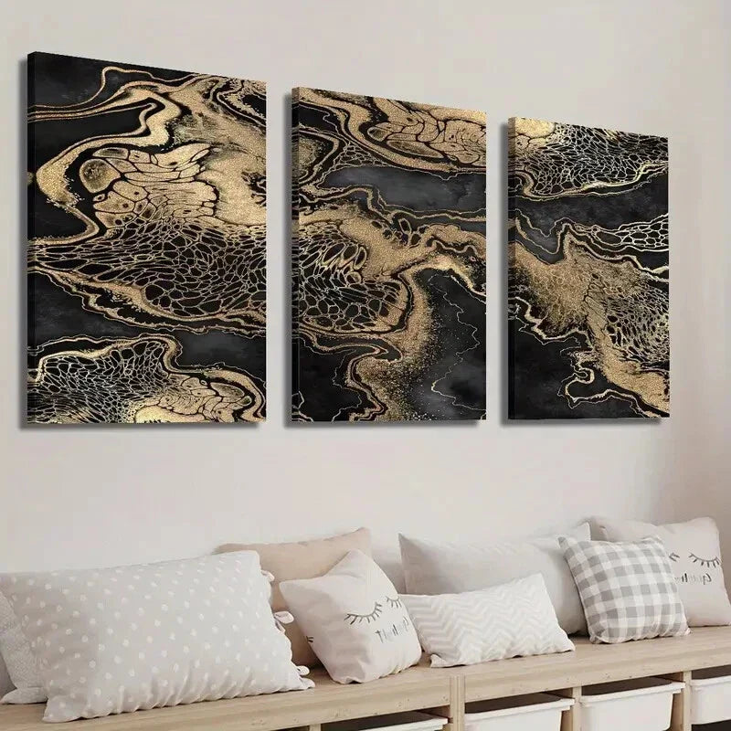 3pcs Abstract Black And Golden Fluid Decor Wall Art Set Canvas Framed 40x60cm - High Quality Print 100% Australian Made Wall Canvas Ready to Hang