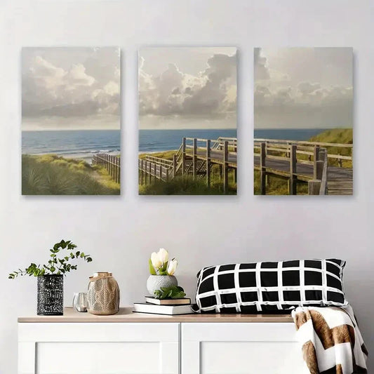 3pcs Beach Boardwalk with Ocean Metal Print Ready to Hang Art