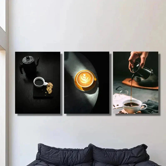 3pcs Black coffee and cake poster, espresso, Metal Print Ready to Hang Art