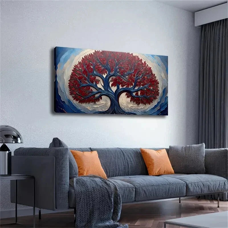 Vibrant Red Mystery Tree Design Wall Art Canvas Office Home Room Framed 120x60cm