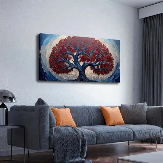 Vibrant Red Mystery Tree Design Wall Art Canvas Office Home Room Framed 120x60cm