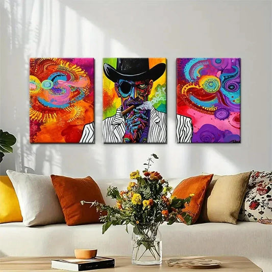 3pcs Psychedelic Abstract Cowboy Pop Perfect Wall Art Set Canvas Framed 40x60cm - High Quality Print 100% Australian Made Wall Canvas Ready to Hang