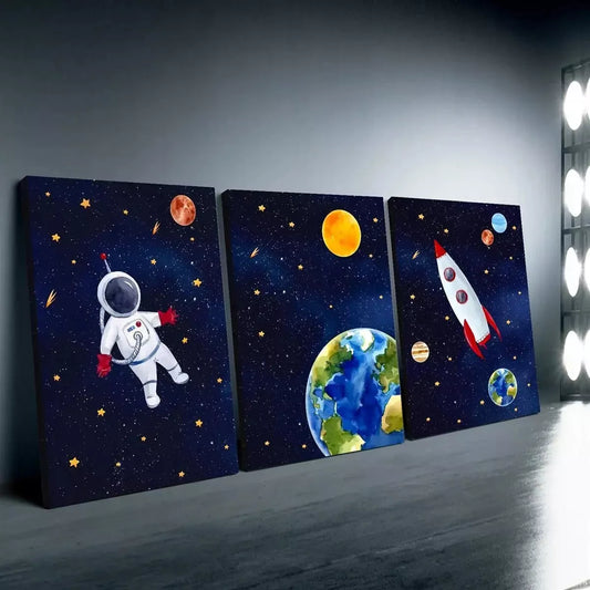 3pcs Space Suite Astronaut Blue Sky Planets Wall Art Set Canvas Framed 40x60cm - High Quality Print 100% Australian Made Wall Canvas Ready to Hang
