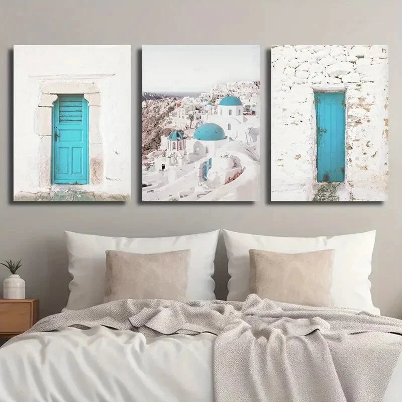 3pcs Turquoise Santorini Island Greece Blue Metal Print Ready to Hang Art