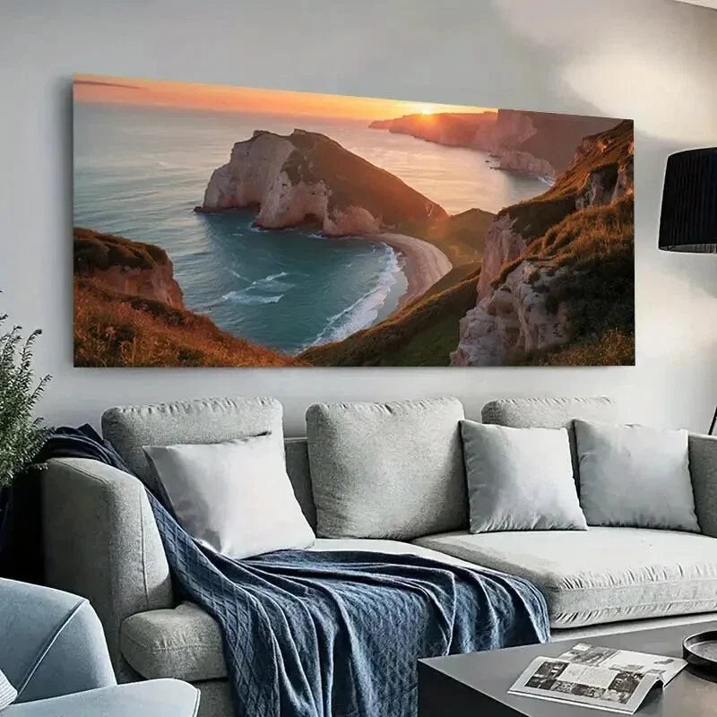 Sunset Vibrant Cliffs Sea wall canvas office home room framed 120x60cm