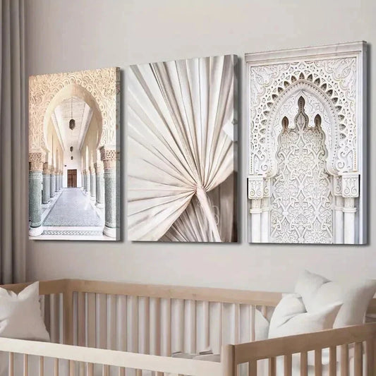 3pcs Moroccan Elegant Arch & Fan-Shaped Designs Wall Art Set Canvas Framed 40x60cm - High Quality Print 100% Australian Made Wall Canvas Ready to Hang