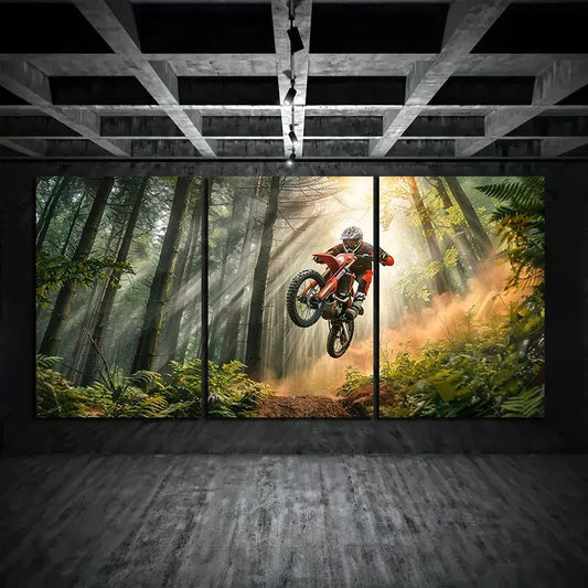 3pcs Vibrant Bicycles Leaping Over Trees Metal Print Ready to Hang Art