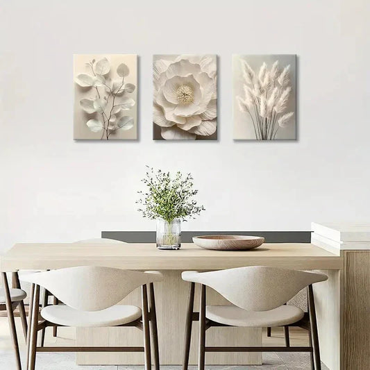 3pcs Neutral Textured Flower Plant Metal Print Ready to Hang Art