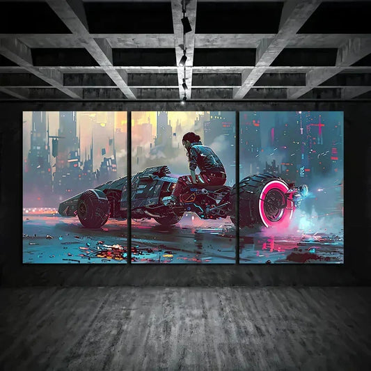 3pcs Vibrant Neon Motorcycle Pink Wheels Metal Print Ready to Hang Art