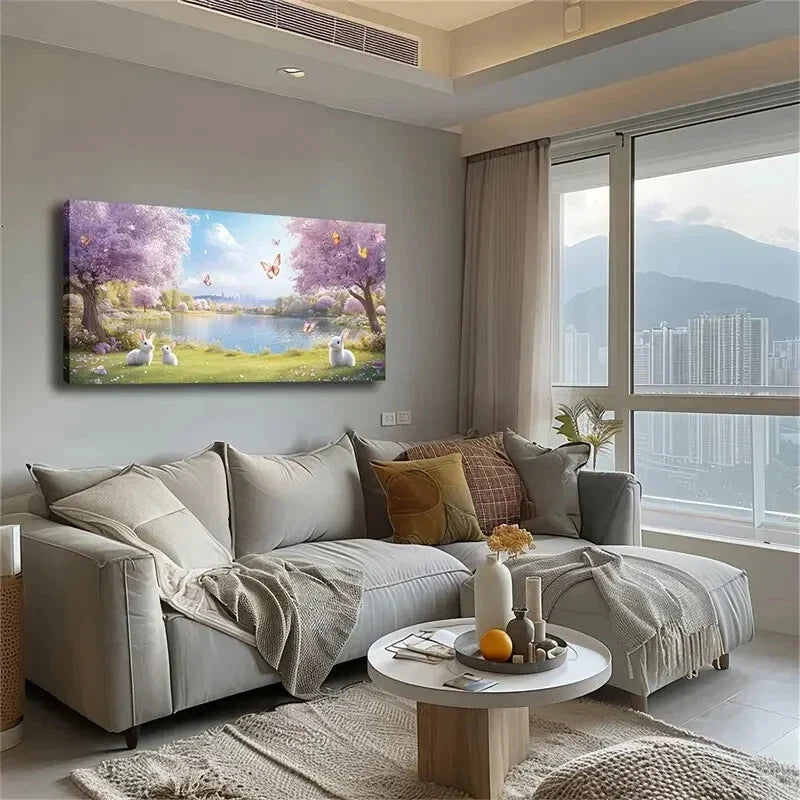 Three White Rabbits Lying Grass Wall Art Canvas Office Home Room Framed 120x60cm